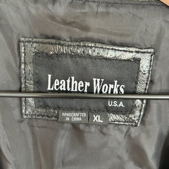 Vtg Leather Works Vest XL Black Patchwork Leather Snap Front Biker Moto USA - Picture 8 of 12